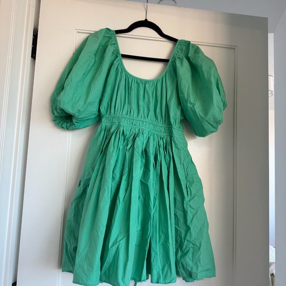 Rhode Flare Mini Dress Balloon Sleeves Mint Green Self Tie Cord Accent Small - Picture 2 of 6